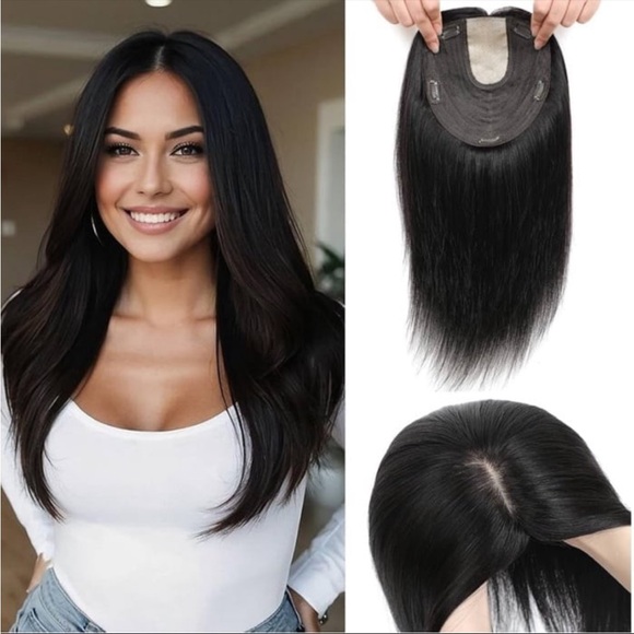 15” Human Hair Topper Clip In Hair Topper Crown Thinning Grey Coverage Black
